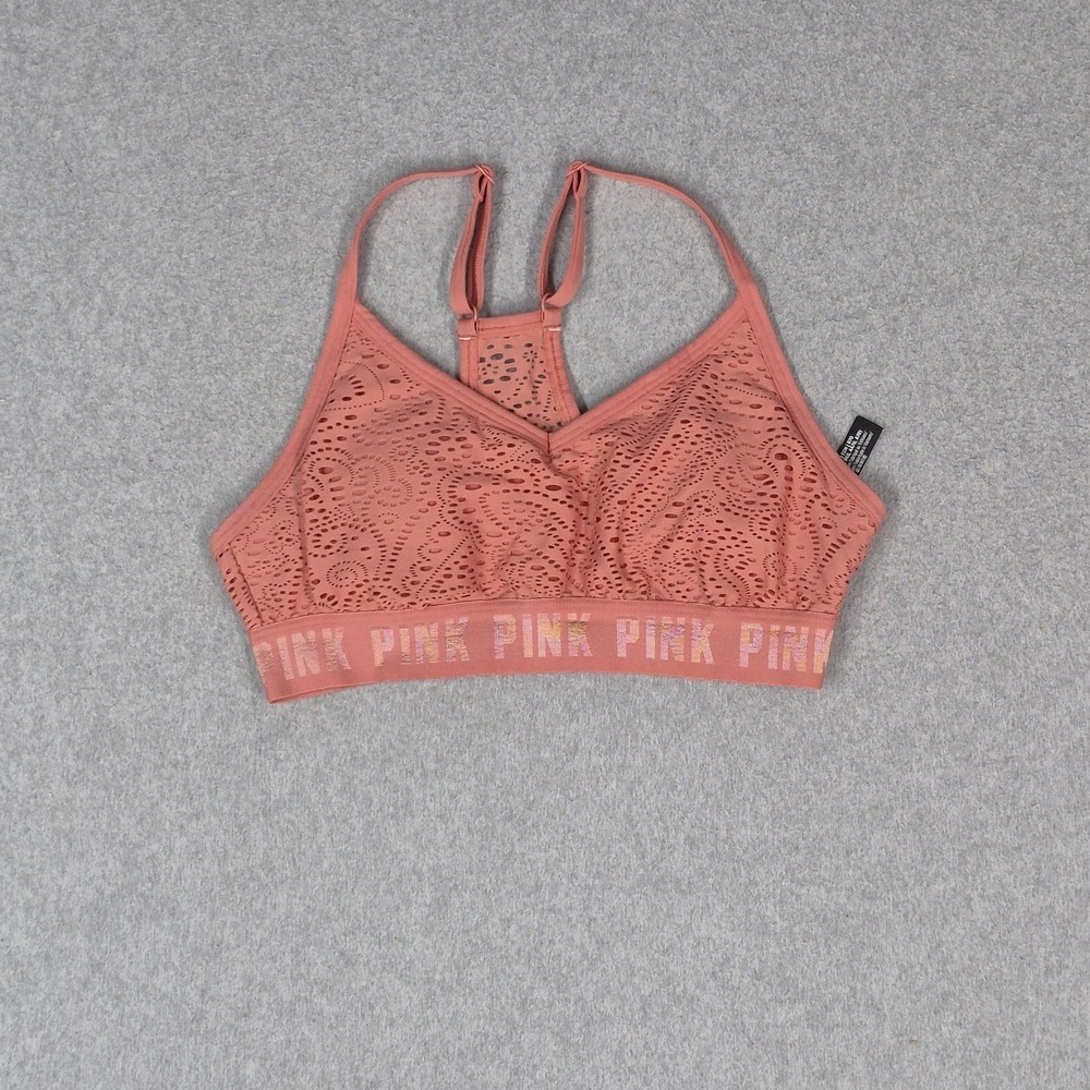 PINK‎ Women Bra XS Orange Geometric Bralette Wireless Lace Logo Strap
